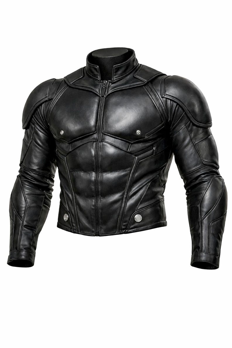 May include: Black leather jacket with a high collar and a zipper closure. The jacket features padded shoulders and detailed stitching, giving it a structured appearance. Silver-toned buttons are visible on the chest and sleeves. The jacket is designed to resemble a superhero costume.