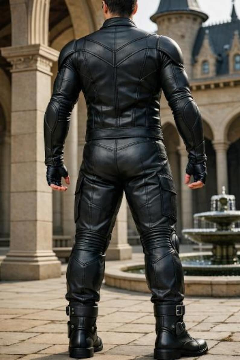 May include: Black leather motorcycle jacket and pants set. The jacket features a chevron design on the shoulders and back. The pants have cargo pockets and reinforced knee pads. The outfit includes matching gloves and boots with buckles. The person is standing in front of a fountain.