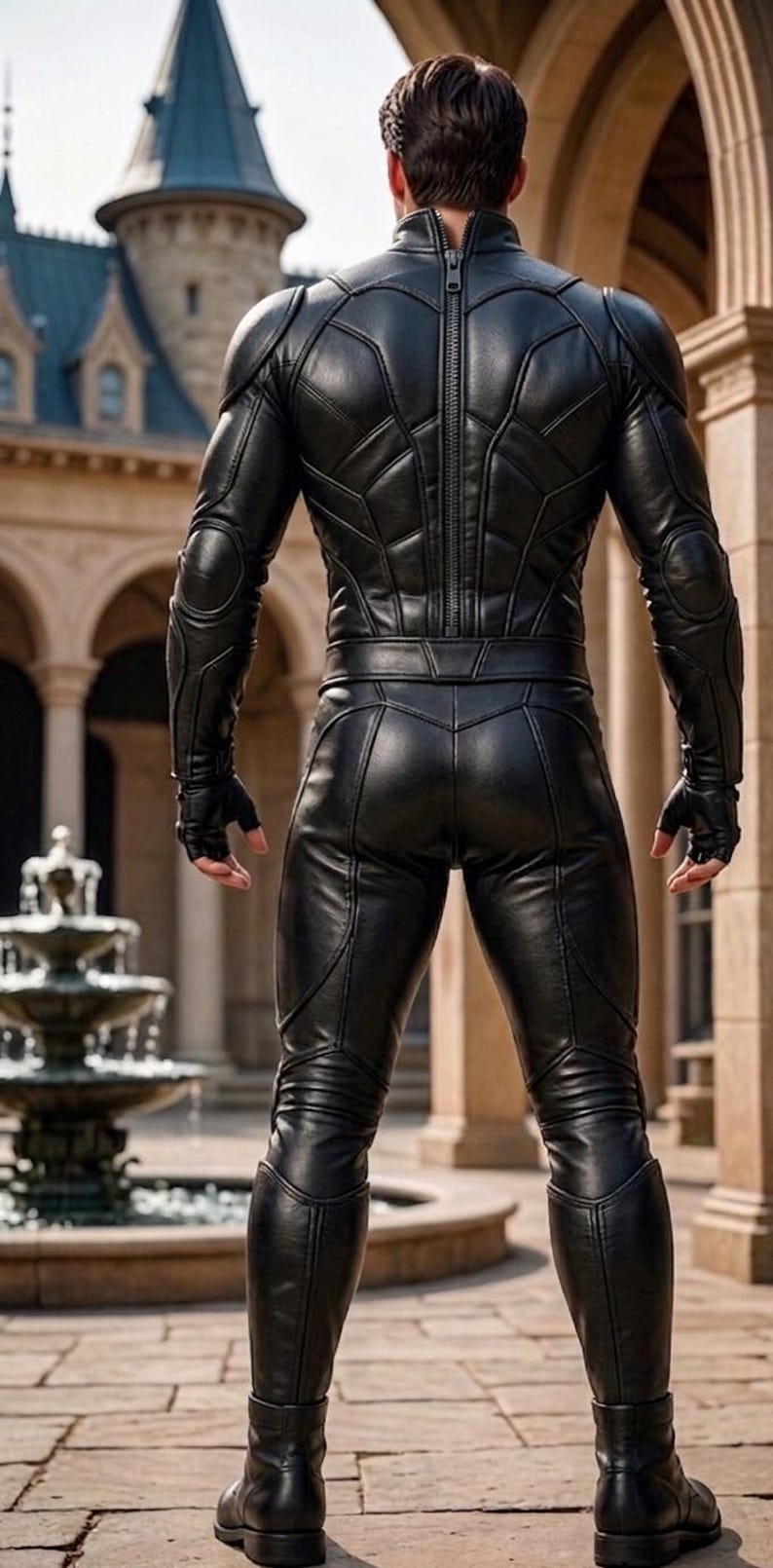 May include: A black leather jumpsuit with a high collar and a full-length zipper down the back. The suit has padded details on the shoulders and arms, and is worn with fingerless gloves. The person is standing in front of a fountain.