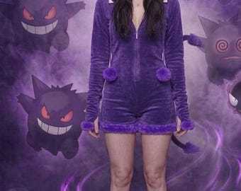 Gengar Inspired Velvet Romper – Custom Handcrafted Anime Cosplay Hooded Onesie