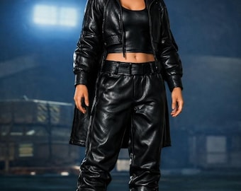 Retro Dancer Leather Set: Hooded Jacket and Pants, Genuine Cowhide Streetwear.