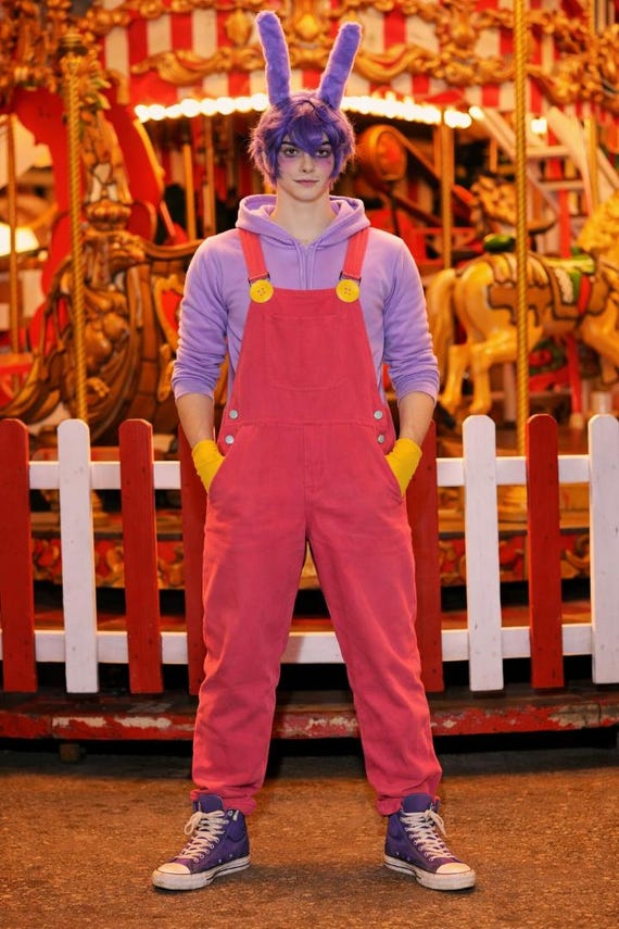 Tadc Jax Cosplay Costume - Fleece Hoodie, Pink Denim Overalls, Yellow Gloves