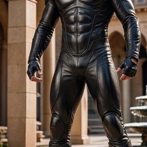 May include: Black leather bodysuit with a form-fitting design, featuring padded shoulders, chest detailing, and knee protection. The outfit includes gloves and boots. The text "Style 2" is in the upper left corner.