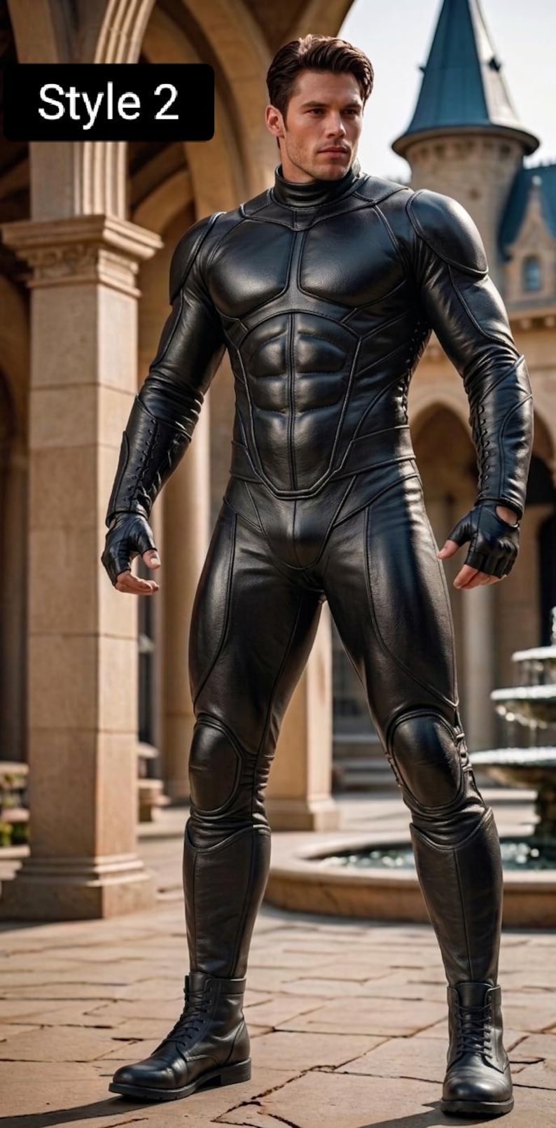 May include: Black leather bodysuit with a form-fitting design, featuring padded shoulders, chest detailing, and knee protection. The outfit includes gloves and boots. The text "Style 2" is in the upper left corner.