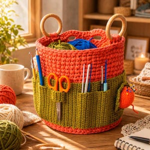 May include: A handmade crochet basket in shades of orange and green, featuring wooden handles. The basket has pockets for crochet tools, including scissors and crochet hooks. Inside, there are balls of yarn in various colors, perfect for crafting projects.