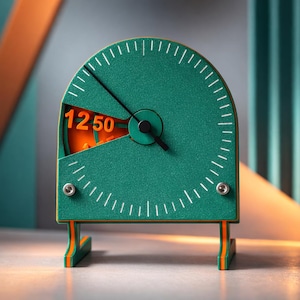 Può includere: Un orologio verde acqua con un quadrante circolare e un ritaglio che rivela un interno arancione con il numero 1250. L'orologio ha segni bianchi e lancette nere ed è sostenuto da due gambe con accenti arancioni. Lo sfondo presenta forme geometriche.