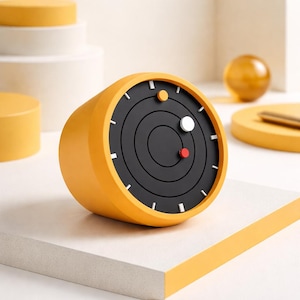 May include: A modern, yellow and black clock with a unique radar-like face. The clock features a circular design with concentric rings and three colored dots. The clock is set on a white surface.