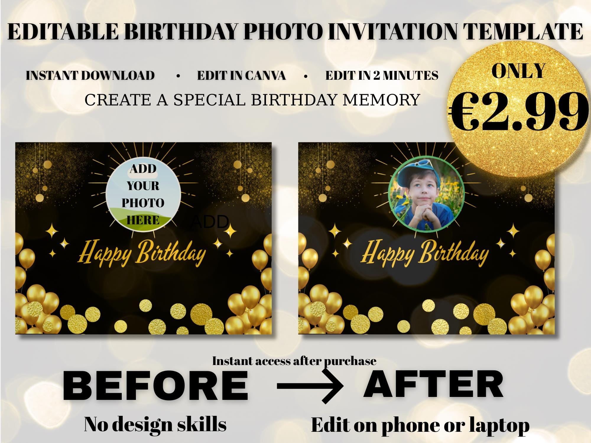 Custom Birthday Photo Frame, Gold Black Party Sign (instant Download ...