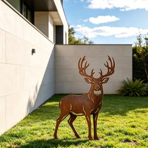 Palo da giardino a forma di cervo in metallo arrugginito, decorazione da giardino in ferro, scultura di cervo da esterno dall'aspetto invecchiato per prato, arredamento rustico