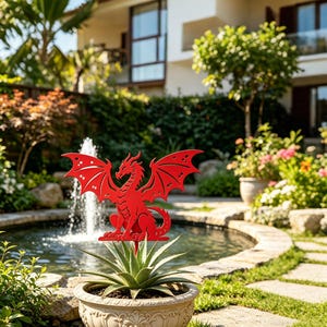 Puede incluir: Un dragón rojo de metal, adorno de jardín, con alas extendidas, colocado sobre una planta en maceta. Este dragón decorativo está diseñado para exteriores, añadiendo un toque de fantasía a jardines. El adorno está frente a una fuente de agua.