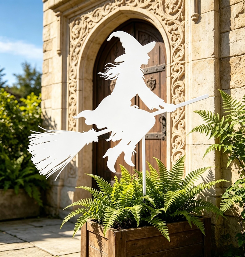 May include: A white metal silhouette of a witch riding a broomstick. The witch is wearing a pointed hat and flowing robes. The decoration is placed in a wooden planter box filled with green ferns, in front of a stone building with a wooden door.