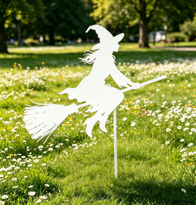 May include: A white metal silhouette of a witch riding a broomstick, set in a grassy field with wildflowers. The witch wears a pointed hat and flowing robes, with the broomstick extending horizontally. The artwork is mounted on a white stake.