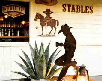 Cowboy Silhouette Metal Art, Rustic Western Yard Decor, Bar Sign, Ranch Garden Sign