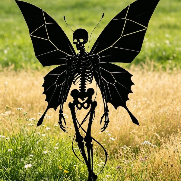 Rustic Skeleton Fairy Metal Garden Stake | Gothic Yard Art | Spooky Butterfly Decor