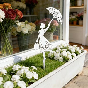 Umbrella Girl Metal Garden Stake, Silhouette Yard Art, Outdoor Planter Decor