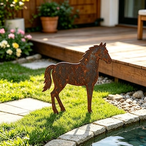 Könnte beinhalten: Eine rostige Metallpferd-Skulptur in Braun steht auf einer grünen Wiese. Die Silhouette des Pferdes hebt sich vor einem verschwommenen Hintergrund aus Holzterrasse und Grün ab, was eine charmante Gartendekoration ergibt.