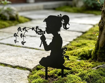 Dandelion Girl Metal Garden Stake, Fairy Tale Silhouette Yard Art, Outdoor Lawn Decor, Whimsical Patio Ornament, Housewarming Gift