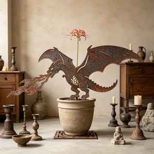 May include: A metal dragon sculpture with outstretched wings and flames, placed in a large, neutral-toned pot. The dragon is made of weathered metal, and a red flower rises from the pot. The scene is set in a room with antique furniture.