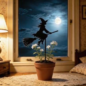 May include: A terracotta pot with white flowers and a black metal silhouette of a witch on a broomstick. The witch is flying in front of a window with a full moon in the night sky. The scene is set indoors.