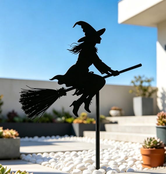 Metal Flying Witch Garden Stake | Witch Silhouette Yard Art | Halloween Outdoor Decor | Witchy Planter Stake | Gothic Garden Decor