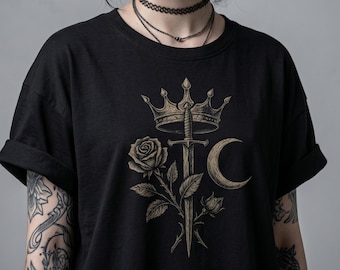 Dark Renaissance Sword Tee, Gothic Moon & Rose Shirt, Witchy Emblem Top