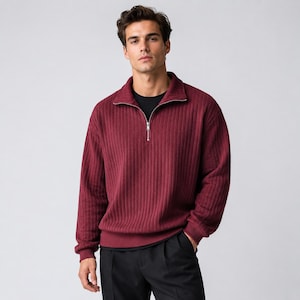 Pull minimaliste à col zippé pour homme | Sweat-shirt décontracté à manches longues en maille côtelée | Idée cadeau automne-hiver pour lui