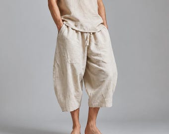 Men's Wide Leg Linen Shorts | Loose Fit Casual Beach Capri Pants