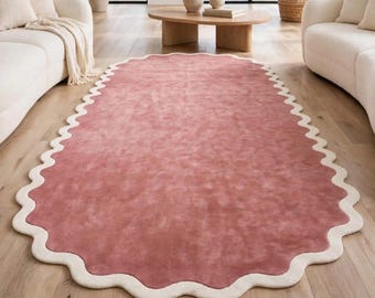 Dusty Rose Pink Wool Rug, Hand Tufted Rug, Scalloped Border Area Rug, Modern Pink Rug, Soft Feminine Bedroom Decor, Custom Rug