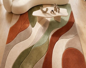 Tapis à motifs de vagues abstraites, tapis en laine tufté à la main, tapis moderne et écologique, tapis beige, vert sauge et terracotta, décoration contemporaine pour salon