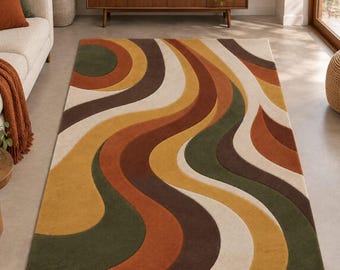Mid Century Modern Wool Rug, Hand Tufted Rug, Abstract Wavy Area Rug, Retro Geometric Rug, Mustard Rust Olive Green Cream Decor