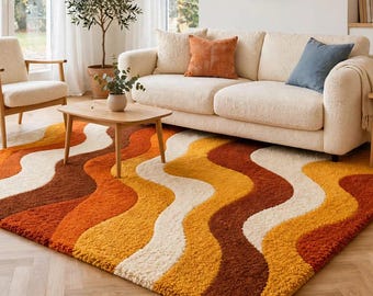 Abstract Wave Rug, Retro Wavy Rug, Orange Area Rug, Mid Century Rug, Geometric Rug, Mustard Yellow Rug, Handmade Wool Rug, Modern Rug
