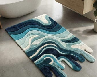 Blue Teal Wave Wool Runner, Hand Tufted Rug, Abstract Wavy Runner, Modern Drip Rug, Long Narrow Rug