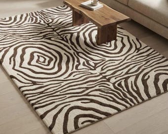 Brown Cream Zebra Wool Rug, Hand Tufted Rug, Animal Print Area Rug, Modern Abstract Rug