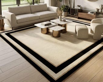Modern Black Cream Rug, Minimalist Area Rug, Geometric Border Rug, Contemporary Rug, Living Room Rug, Handmade Wool Rug, Modern Home Decor