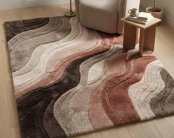 Brown Terracotta Abstract Wool Rug, Hand Tufted Rug, Wavy Modern Area Rug, Earthy Textured Rug