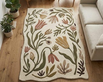 Cream Floral Wool Rug, Hand Tufted Rug, Botanical Area Rug, Vintage Boho Floral Rug, Organic Shaped Rug