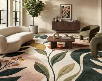 Botanical Floral Area Rug, Vintage Leaf And Flower Wool Rug, Sage Green Terracotta Decor, Modern Nature Inspired Carpet