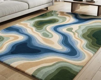 Blue Green Abstract Wool Rug, Hand Tufted Rug, Modern Large Area Rug