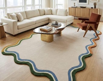 Wavy Border Rug, Hand Tufted Wool Rug, Scalloped Area Rug, Sage Green Blue Orange Rug, Modern Abstract Rug, 8x10 9x12 12x15