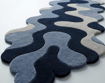 Blue Abstract Runner Rug, Organic Shape Tufted Rug, Handmade Wool Carpet, Modern Wavy Area Rug, Unique Hallway Statement Rug