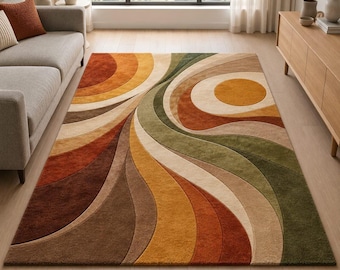 Mid Century Modern Rug, Abstract Wave Rug, Geometric Area Rug, Handmade Wool Rug, Retro Rug, Earthy Rug, Colorful Contemporary Rug