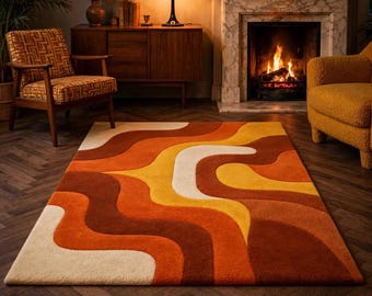 Abstract Orange Rug, Mid Century Modern Rug, Retro Wave Rug, Geometric Area Rug, Mustard Yellow Rug, Handmade Wool Rug, Contemporary Rug