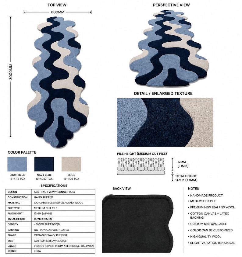 Pode incluir: Um tapete passadeira abstrato com forma ondulada e org&acirc;nica numa paleta de cores azul-marinho, azul-claro e bege. O tapete tem um pelo cortado m&eacute;dio, uma altura total de 14mm e mede 800mm por 3000mm com base de lona de algod&atilde;o e l&aacute;tex.