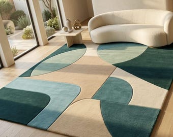Mid Century Geometric Rug, Teal Aqua Beige Abstract Carpet, Contemporary Modern Rug, Living Room Decor