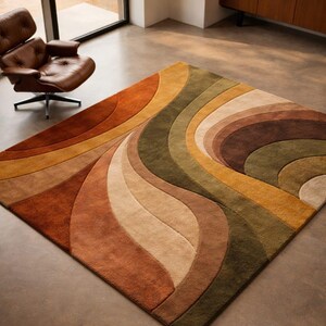 Modern Abstract Area Rug, Earth Tone Rug, Olive Green Rust Beige Carpet, Geometric Curved Pattern Rug, Living Room Bedroom Decor, Luxury Rug