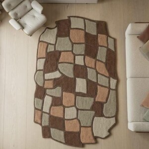 Patchwork Area Rug, Brown Neutral Tufted Rug, Handmade Wool Carpet, Modern Geometric Rug, Boho Living Room Statement Rug