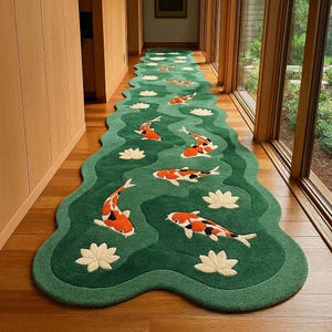 Pode incluir: Um tapete comprido e verde com uma borda ondulada, apresentando um design de peixes koi e nenúfares. Os koi são laranja, brancos e pretos, enquanto os nenúfares são brancos. O tapete está colocado sobre um chão de madeira.