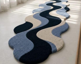 Blue Abstract Wool Rug, Hand Tufted Rug, Wavy Organic Area Rug, Navy Blue Rug, Modern Contemporary Irregular Rug