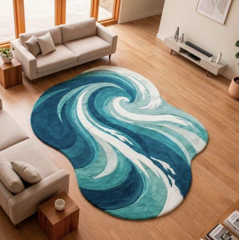 Ocean Wave Tufted Rug, Blue Abstract Area Rug, Irregular Shape Rug ...
