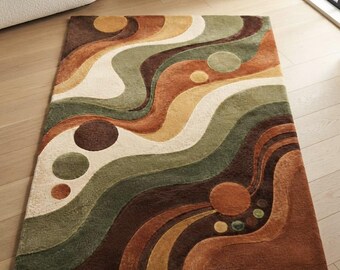 Mid Century Abstract Area Rug, Earthy Olive Green And Rust Wool Rug, Retro Organic Wave Pattern, Hand Tufted Modern Decor